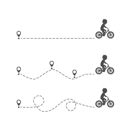 Cute children riding bicycles with start location pin. Different kids black silhouettes ride bikes. Healthy lifestyle. Travel concept. Vector illustration isolated on whiteのイラスト素材