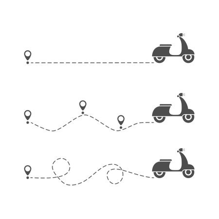 Moped with line start point icon set. Scooters and route group. Travel destination symbol. Vector isolated on whiteのイラスト素材