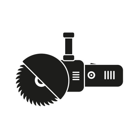 Electric circular saw icon. Bulgarian built black silhouette work tool. Simple angle grinder with disk. Repair pictogram. Vector isolated on white.のイラスト素材