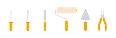 Construction flat tools icons set. Repair, building and work instruments collection. Vector isolated on whiteのイラスト素材
