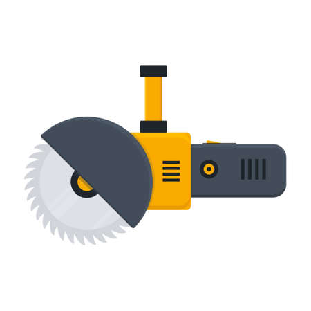 Electric circular saw icon. Bulgarian built black and orange work tool. Simple angle grinder with disk. Repair pictogram. Vector isolated on white.のイラスト素材