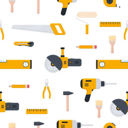 Tools icon seamless pattern. Repair, building and work instruments big collection in flat style. Vector isolated on whiteのイラスト素材