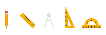 Education math flat tools set. Pencil, ruler, dividers triangle ruler and protractor icon. Stationery instruments collection. Vector isolated on whiteのイラスト素材