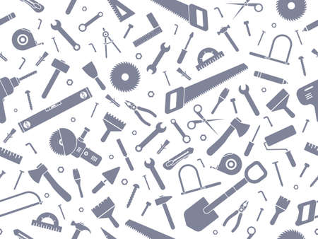 Construction hardware and repair tools seamless pattern. Work instruments silhouettes collection. Vector illustration on white background.のイラスト素材