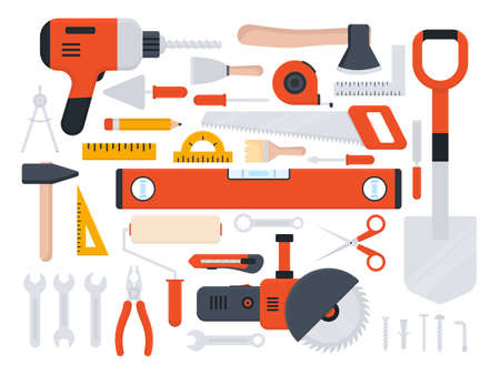 Tools icon large set. Repair, building and work red instruments big collection in flat style. Vector isolated on whiteのイラスト素材