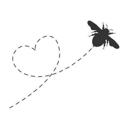Cute bee black silhouette flying icon. Heart dotted line path with start point and dash line trace. Vector isolated on white background.のイラスト素材