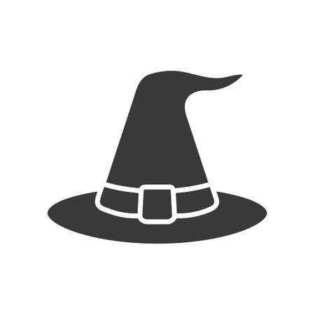 Halloween witch hat icon. Black wizard hat silhouette. Magic cloth element. Vector isolated on whiteのイラスト素材