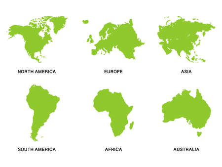 World green continents set. World map silhouettes with inscription. Vector isolated on whiteのイラスト素材