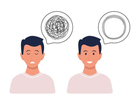Chaos and mess man head. Psychotherapy result illustration. Depression concept. Frustrated man with...