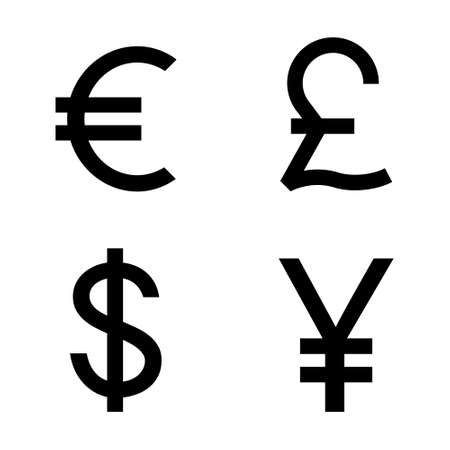 Most used currency signs collection. Black money symbols of different countries. Vector isolated on whiteのイラスト素材