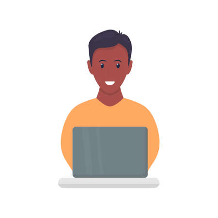 African freelancer working on laptop. Cute black skin boy study at home. Freelance concept. Work at home. Vector illustration isolated on white.のイラスト素材