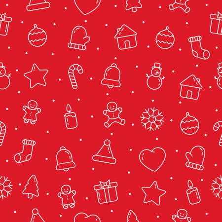 Christmas seamless pattern. Red Christmas paper wallpaper. Vector illustration white line toys isolated on red background.のイラスト素材