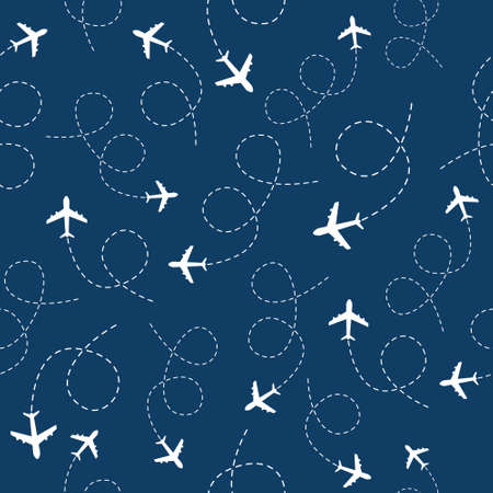 Airplane flying with line path seamless pattern. Plane travel concept on blue background. Vector illustration.のイラスト素材