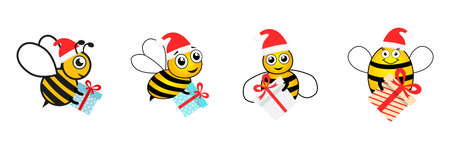 Bees characters holding surprises collection. Bumblebee set. Cute bee wear Santa hat and gift box. Merry Christmas concept. Vector isolated on white.のイラスト素材