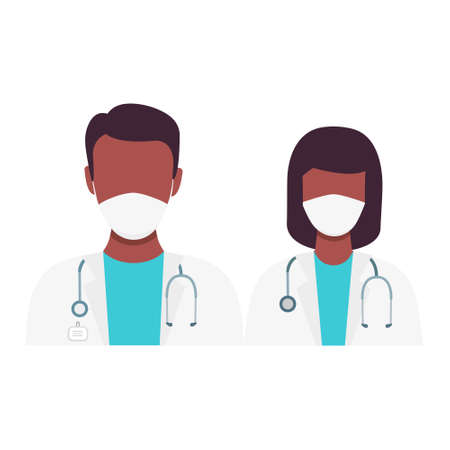 Doctor and nurse characters with black skin wearing medical masks. Medicine support concept. Vector isolated on white.のイラスト素材