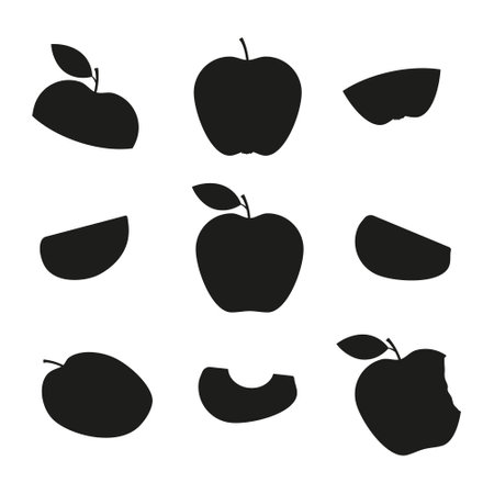 Apples black silhouettes set. Apple slices collection. Vector isolated on white.のイラスト素材