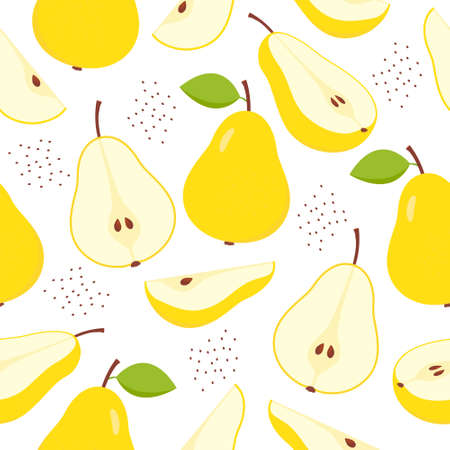 Yellow pears pattern. Sweet slices, whole and half pear fruits seamless pattern. Vector isolated on white.のイラスト素材