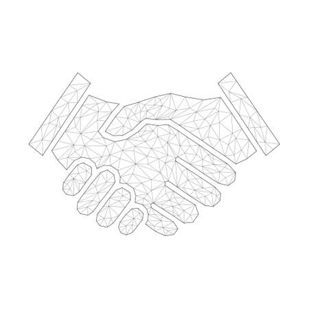 Handshake with polygonal shapes. Business agreement concept. Contract symbol with triangular elements. Vector illustration isolated on white.のイラスト素材