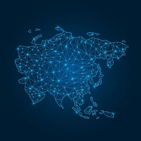 Asia map with polygonal glowing shapes. World map linear continent with lighting dots. Asia continent with triangular line elements. Vector isolated on blue gradient background.の写真素材