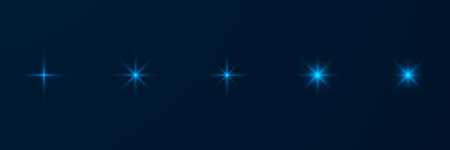 Bright blue star set. Glow stars effect. Sparkling magical elements. Vector illustration isolated on dark blue background.のイラスト素材
