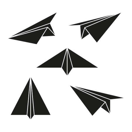 Paper airplanes set. Sending message black silhouettes fold planes collection. Vector isolated on white.のイラスト素材