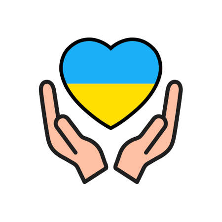 Pray for peace in Ukraine. Stop war. Flag of Ukraine in heart shape in human arms. Vector illustration isolated on white background.のイラスト素材