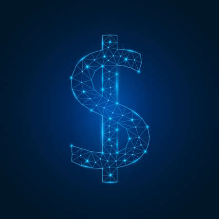 Dollar sign with low poly glowing connected dots. Futuristic dollar symbol with triangular blue shapes. Vector isolated on dark blue background.の写真素材