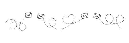 Envelope with line dotted route set. Flying mails group. Sending message linear collection. Vector isolated on whiteのイラスト素材
