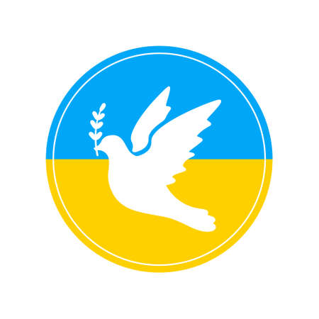 Dove of peace on Ukrainian flag. White bird with brunch of peace. Vector isolated on white background.のイラスト素材