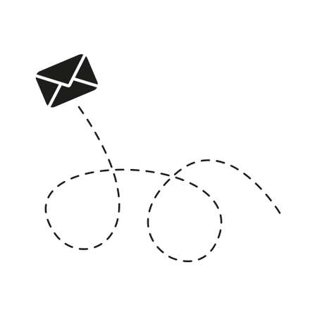 Envelope with line dotted route. Flying mail symbol. Sending message linear sign. Vector isolated on white.のイラスト素材
