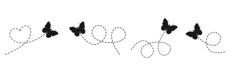 Butterflies set. Butterfly silhouette flying on dotted route. Beauty insects with open wings. Vector isolated on white background.のイラスト素材