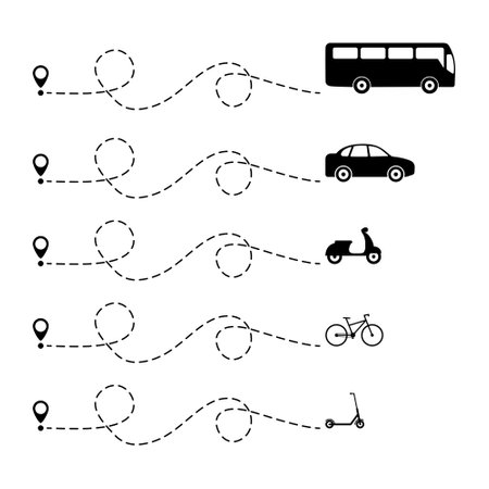 Transport with line start point set. Bus, car, moped, bike and scooter driving on dotted route with map pin. Vector isolated on white.のイラスト素材