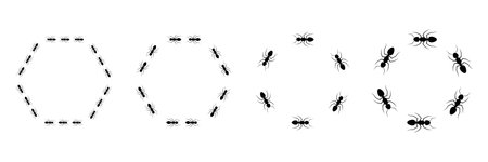 Ant hexagonal frame trail set. Worker ants colony line route teamwork. Vector isolated on white.のイラスト素材