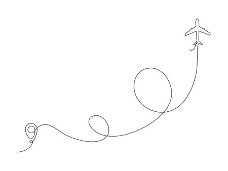 Airplane continuous line drawing with map pin pointer. Airplane flying with start point. Vector isolated on white.のイラスト素材