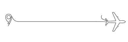 Airplane continuous line drawing with map pin pointer. Airplane flying with start point. Vector isolated on white.のイラスト素材