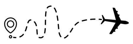 Airplane line dotted path. Plane flight route with start point and dotted line trace. Travel and tourism concept. Vector illustration isolated on white background.のイラスト素材