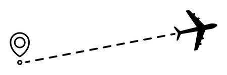 Airplane line dotted path. Plane flight route with start point and dotted line trace. Travel and tourism concept. Vector illustration isolated on white background.のイラスト素材