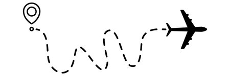 Airplane line dotted path. Plane flight route with start point and dotted line trace. Travel and tourism concept. Vector illustration isolated on white background.のイラスト素材