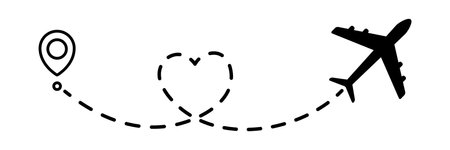 Airplane line dotted path in heart shape. Plane flight route with start point and dotted line trace. Travel and tourism concept. Vector illustration isolated on white background.のイラスト素材