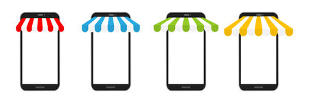 Smartphone mockup with colourful store awning set. Shop stripe roof for market on mobile phone collection. Vector illustration isolated on white.のイラスト素材