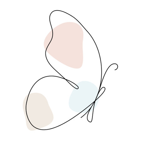 Butterfly continuous line drawing. Outline butterfly flying. Line art insect with abstract pastel color shapes. Vector isolated on white.のイラスト素材