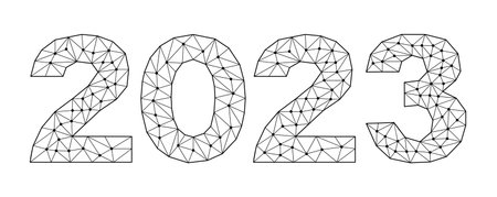 Happy New Year 2023 banner. Greeting card with low polygonal elements. Vector low poly design...
