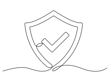 Shield with checkmark continuous line art. Protect linear symbol. Guard hand drawing sign. Vector isolated on white.のイラスト素材