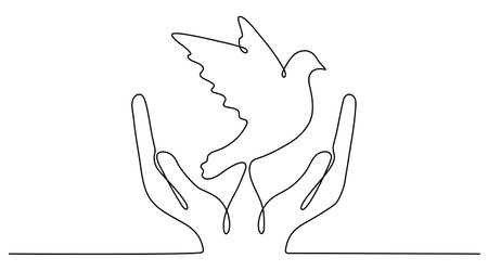 Continuous line drawing hand with flying bird. Freedom linear symbol. Vector illustration isolated on white.のイラスト素材