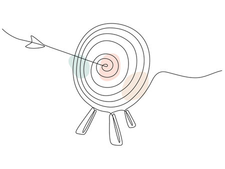 Target with arrow continuous line drawing. Hand drawn linear goal circle with pastel shapes. Vector illustration isolated on white.のイラスト素材