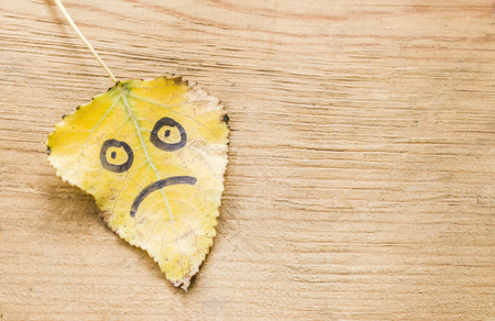 Yellow leaf with a picture of a sad face on an old wooden background with cracksの写真素材