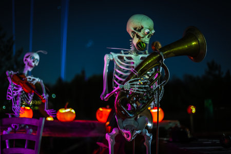 Creepy Halloween photo of a skeleton decoration with spooky lighting and dark background. Perfect for horror, Halloween, and scary holiday themes.の写真素材