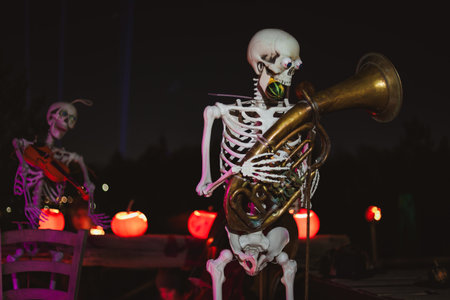 Creepy Halloween photo of a skeleton decoration with spooky lighting and dark background. Perfect...