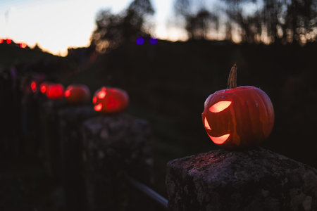 Spooky Halloween photo with carved pumpkins glowing in the dark. Festive autumn atmosphere with candle light, orange pumpkins, and seasonal decorations - perfect for holiday, Halloween, and fall themes.の写真素材
