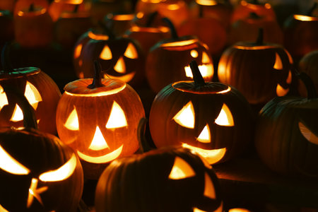Spooky Halloween photo with carved pumpkins glowing in the dark. Festive autumn atmosphere with...